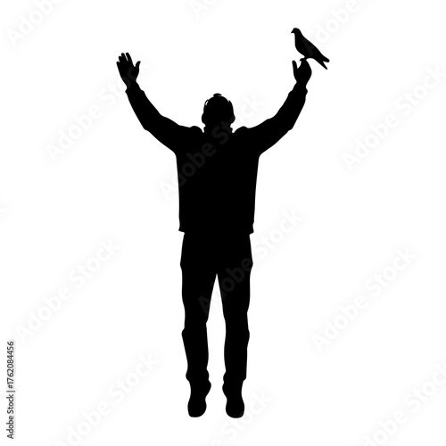 Silhouette person with outstretched arms and bird pigeon