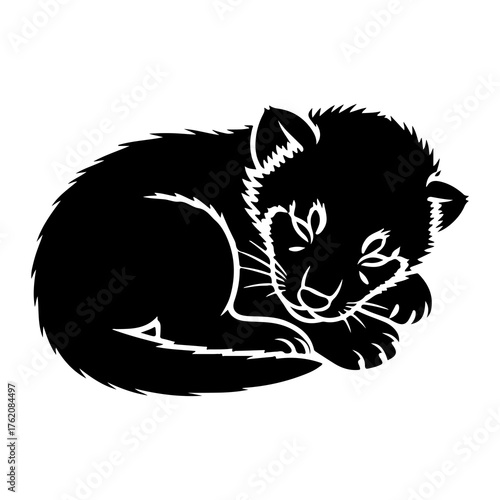 Sleeping black kitten curled up white