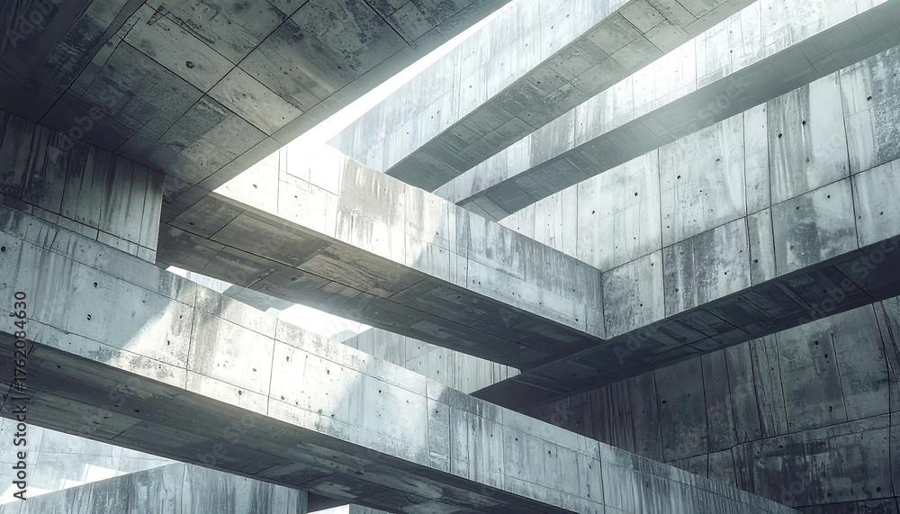 Obraz premium An architectural study of a stark, concrete interior. Sunlight streams through openings, creating geometric shadows