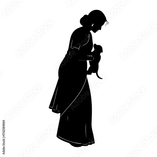 Woman holding puppy silhouette vector