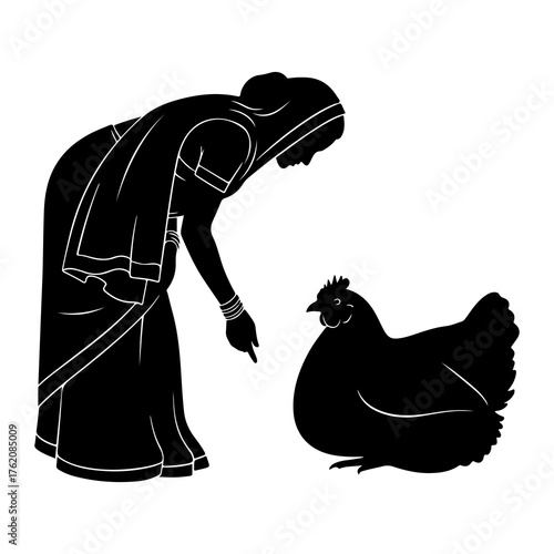 Woman pointing at chicken interaction rural