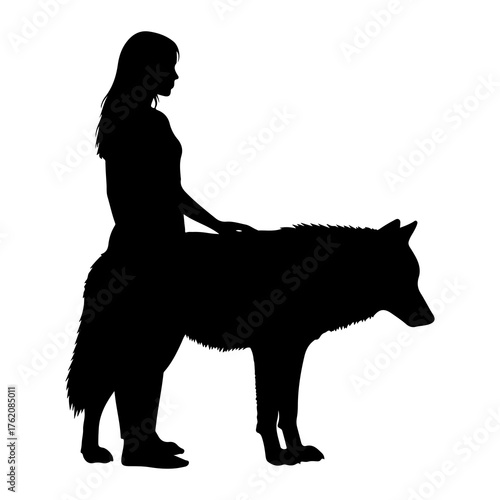 Woman petting wolf silhouette animal