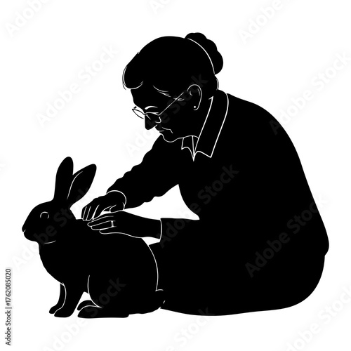 Woman petting rabbit silhouette black and white
