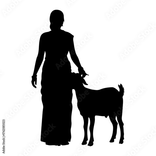 Woman touching goat silhouette animal