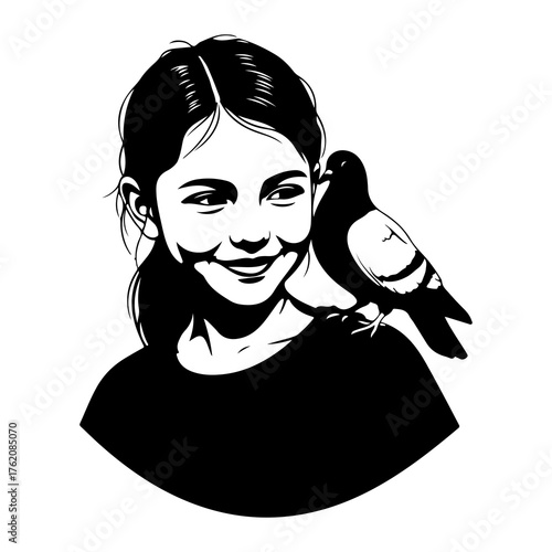 Young girl with pigeon on shoulder child bird
