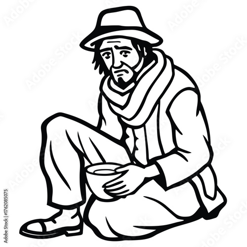 Homeless man with a hat and scarf begs for money