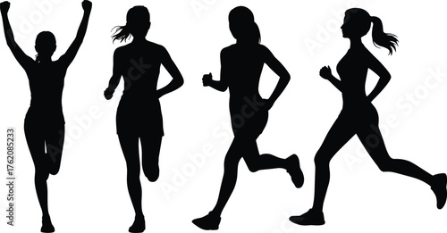 Female runners silhouette, jogging motion, athletic women, fitness activity, sports training, running pose, outdoor exercise, healthy lifestyle, race celebration, workout