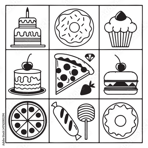 Colorful assortment of food icons isolated on white background featuring cake, donut, pizza, cupcake, and other sweet and savory treats