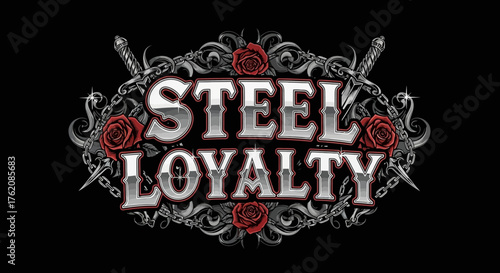 Bold steel loyalty graphic for edgy designs, featuring roses and swords against a black background, ideal for tattoo art or streetwear apparel designs