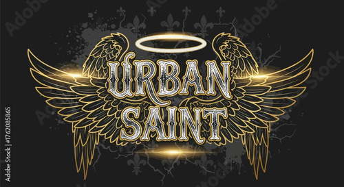 Stylish urban saint design with wings and halo for edgy apparel or branding, perfect for urban wear, music, or tattoo-inspired designs, it's a statement!