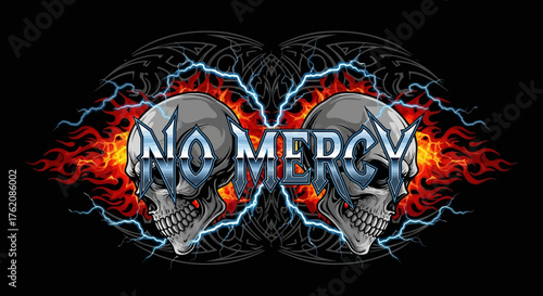Dynamic skull design with vibrant flames and electrifying lightning for extreme sports, gaming, or edgy apparel brands - No Mercy attitude guaranteed