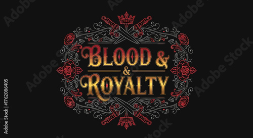 Dramatic blood and royalty design with swords, crowns, roses, and elegant filigree creating a powerful crest for fantasy and historical themes