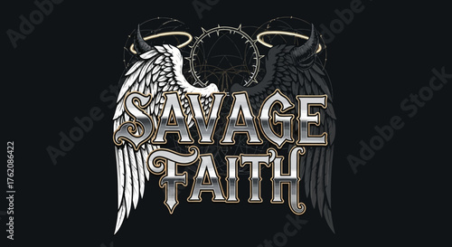 Provocative savage faith typography with contrasting angel and demon wings art, perfect for edgy band merch or spiritual apparel designs online now