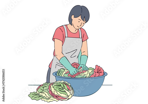 A young Asian woman prepares kimchi, wearing an apron and gloves. She?s focused on the cabbage in a blue bowl. A clean, modern illustration style.