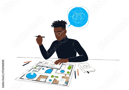 A young Black professional sketches a building plan, focused and creative. Architectural design, detailed blueprint, thoughtful workspace. Modern illustration style.