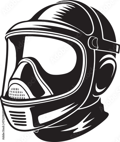 Black and White Illustration of a Gas Mask with Large Visor and Filter respirator protective gear