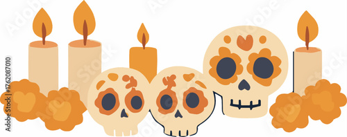 Dia de los muertos skulls candles and marigolds vector