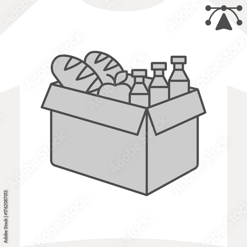 Cardboard box with groceries isometric icon, food assistance concept. Vector graphics. Bread, apple and bottle of milk sign and editable stroke, outline style icon for mobile or web design.