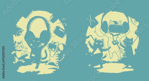 Cats with headphones virtual reality illustration audio experience digital world