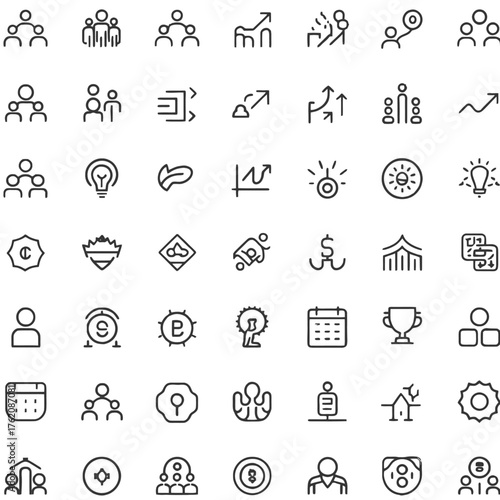 Minimalist business growth and success line icons set with editable stroke. Thin linear vector illustration representing teamwork, leadership, innovation, finance, analytics, and achievement.