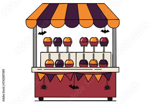 A charming Halloween candy stall with striped awning and colorful treats.  Bright, playful illustration perfect for seasonal marketing. Crisp the candy!