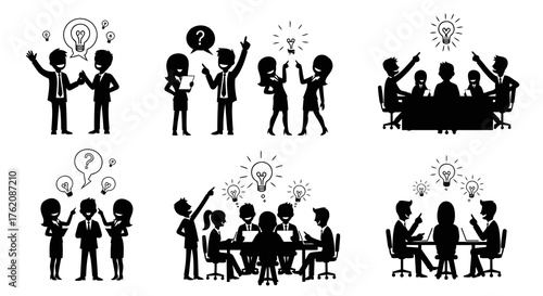 Business Meeting and Brainstorming Session Silhouettes with Idea Lightbulbs