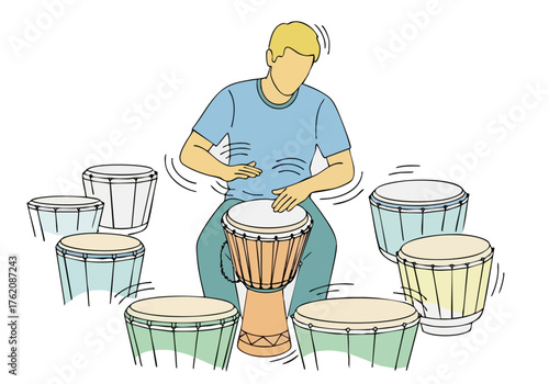 A young man passionately plays a drum set, creating a vibrant ?Drum Moon Beat? rhythm. The composition highlights the drums and his energetic performance.  Dynamic and engaging.