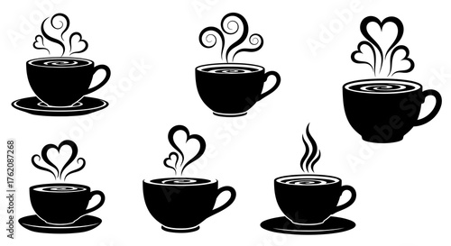 Steaming hot beverage cups set with heart and swirl steam designs