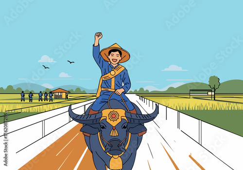 A young Thai man rides a water buffalo, celebrating victory. He wears traditional attire and a straw hat, symbolizing prosperity and ?Win the Water.? Vibrant rural landscape background.