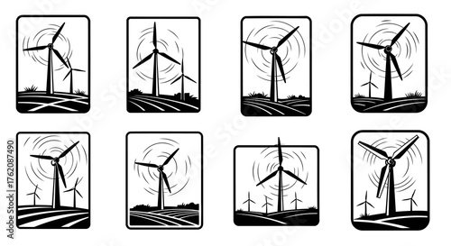 Set of Wind Turbine Icons, Renewable Energy Graphics, Eco-Friendly Power Concepts