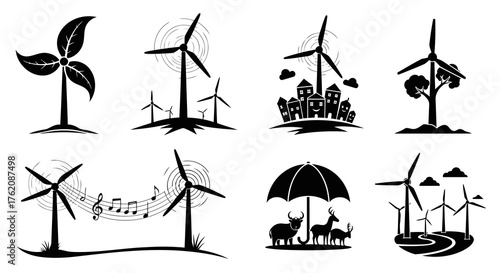 Wind Turbines Eco Energy Collection Clean Power Generation Icons