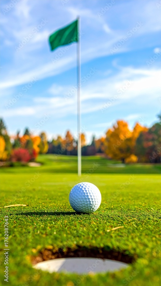 Obraz premium Golf Ball Near Hole on a Green Course in Autumn under a Clear Blue Sky Ready for the Final Putt.
