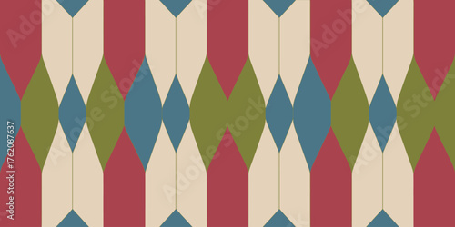Geometric pattern featuring red beige green and blue shapes arranged in a repeating horizontal design