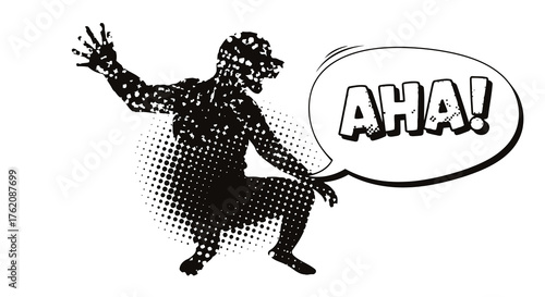 Abstract pixelated silhouette of a man in virtual reality with a speech bubble