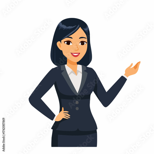 A vector of a professional in a black suit confidently presenting and promoting bussiness, with a poised stance and clear gestures that convey authority, clarity, and persuasive communication