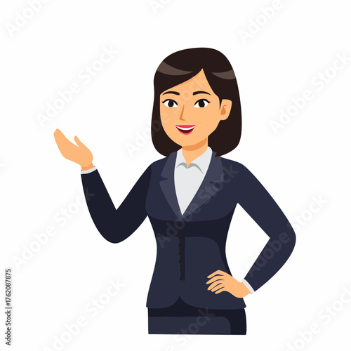 A vector of a professional in a black suit confidently presenting and promoting bussiness, with a poised stance and clear gestures that convey authority, clarity, and persuasive communication