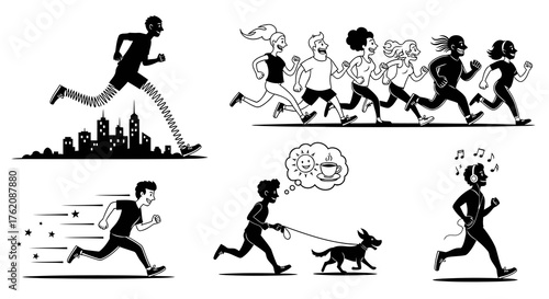 People running in various scenarios, exercising and jogging