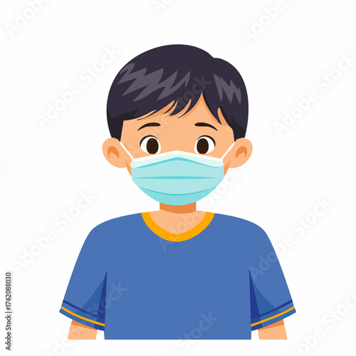 Vector illustration of a young boy wearing a mask to protect himself from viruses and bacteria. Health, hygiene, and disease prevention concept