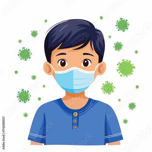 Vector illustration of a young boy wearing a mask to protect himself from viruses and bacteria. Health, hygiene, and disease prevention concept