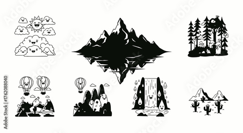 Scenic Nature Landscapes with Mountains Forests and Hot Air Balloons