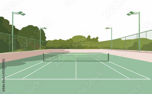 Empty Green Tennis Court with Net and Lights Surrounded by Trees on a Sunny Day Ready for Play