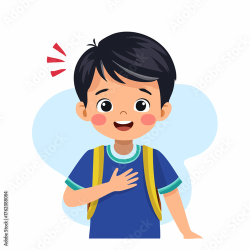 Vector illustration of a young boy feeling chest pain or shortness of breath. Medical, health, and respiratory problem concept