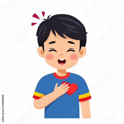 Vector illustration of a young boy feeling chest pain or shortness of breath. Medical, health, and respiratory problem concept