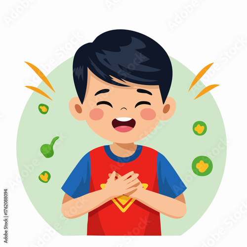 Vector illustration of a young boy feeling chest pain or shortness of breath. Medical, health, and respiratory problem concept