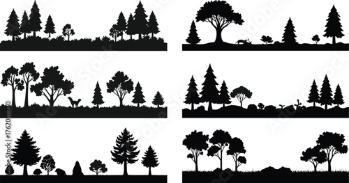 Forest silhouette illustration, wildlife landscape, coniferous trees, deciduous trees, rabbit, fox, deer, nature scene, minimal style, black vector art