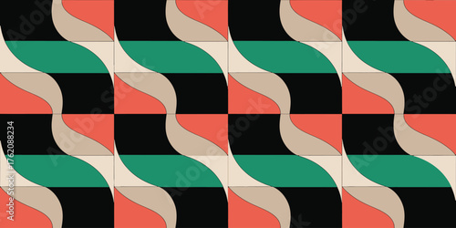 Repeating pattern of squares with alternating colors and curved shapes in a geometric design style