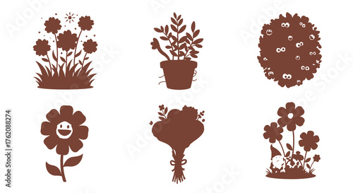 Cute floral designs and plant silhouettes in brown color on white background