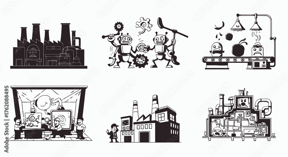 Naklejka premium Industrial factory buildings and production line concepts, black and white vectors