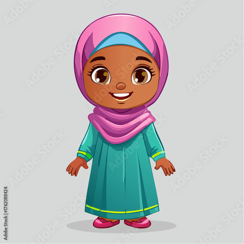An illustration of a young girl wearing a kerudung, smiling warmly against festive Islamic decorations. The design reflects the spirit of Ramadhan and Idul Fitri capturing joy, faith, and Islamic year