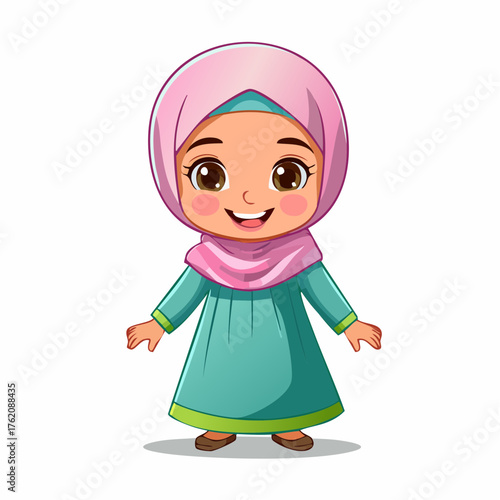 An illustration of a young girl wearing a kerudung, smiling warmly against festive Islamic decorations. The design reflects the spirit of Ramadhan and Idul Fitri capturing joy, faith, and Islamic year